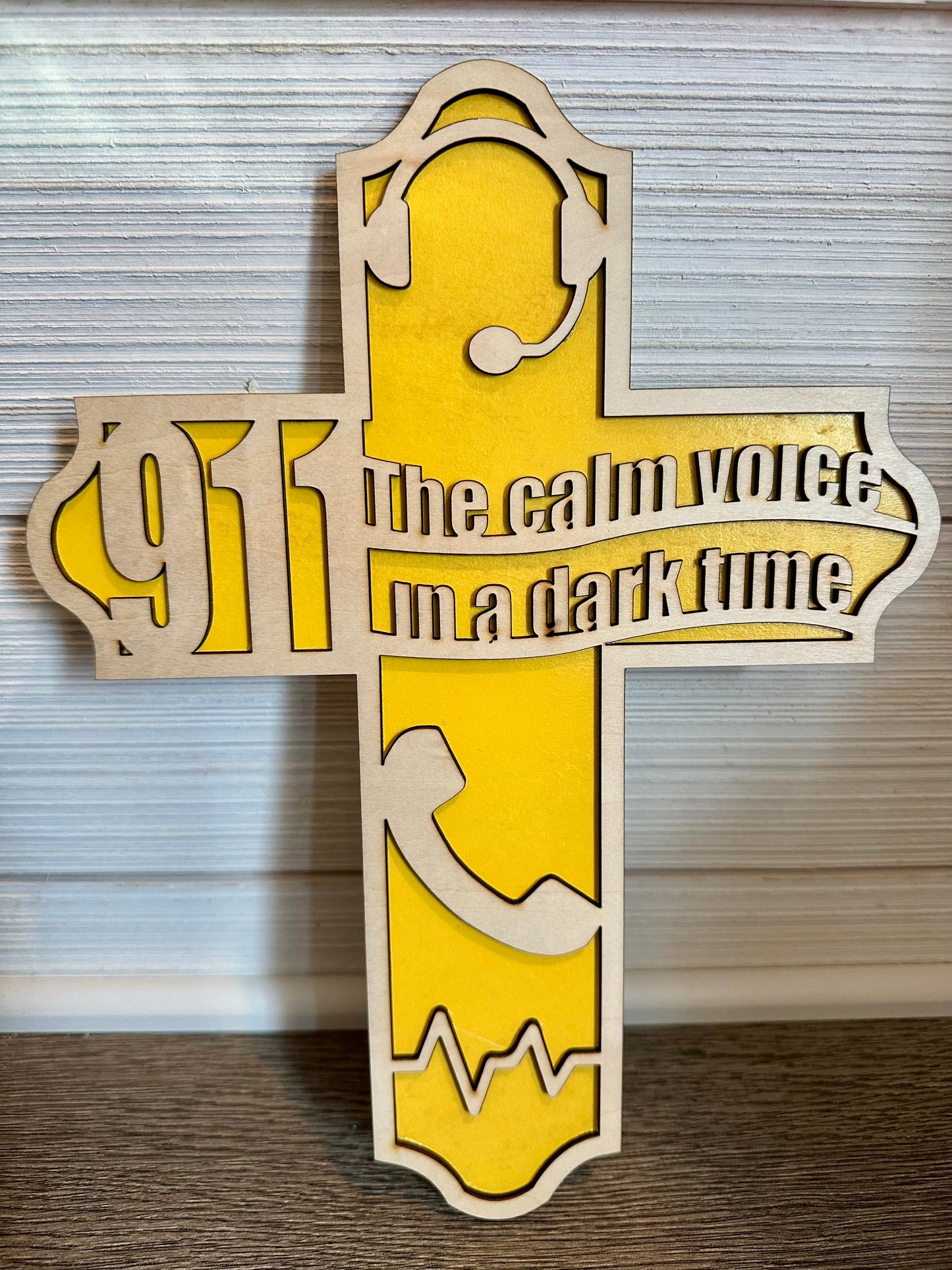 3D Layered and Engraved Wood Cross - 911 Dispatch Operator