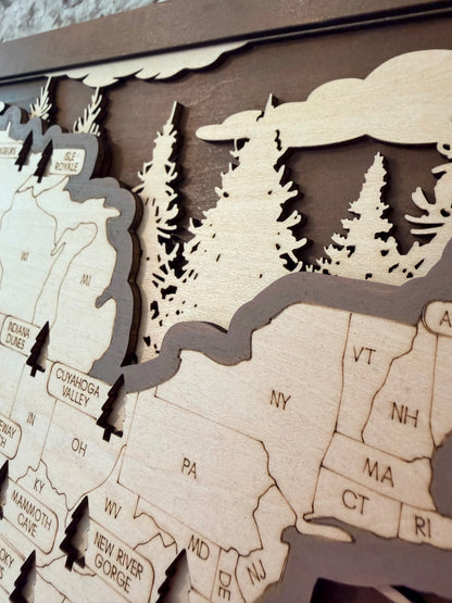 3D National Park Map Visit Tracker - Brown Tree Lines