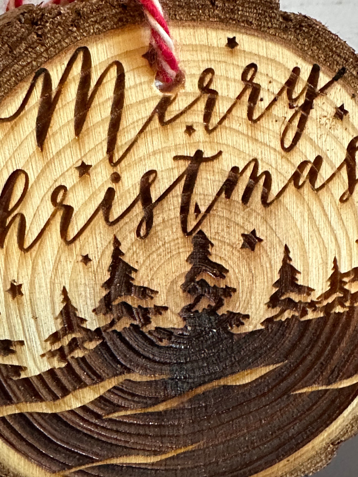 Engraved Live Edge Wooden Round Ornament - Treelined Merry Christmas