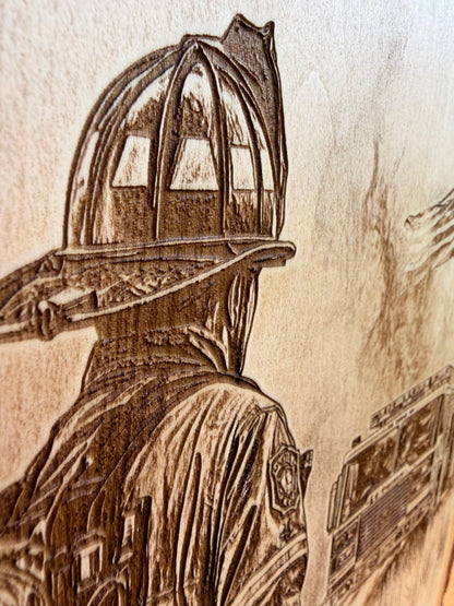 Plaque Live Edge Rectangular - Firefighter with Firetruck and Flag