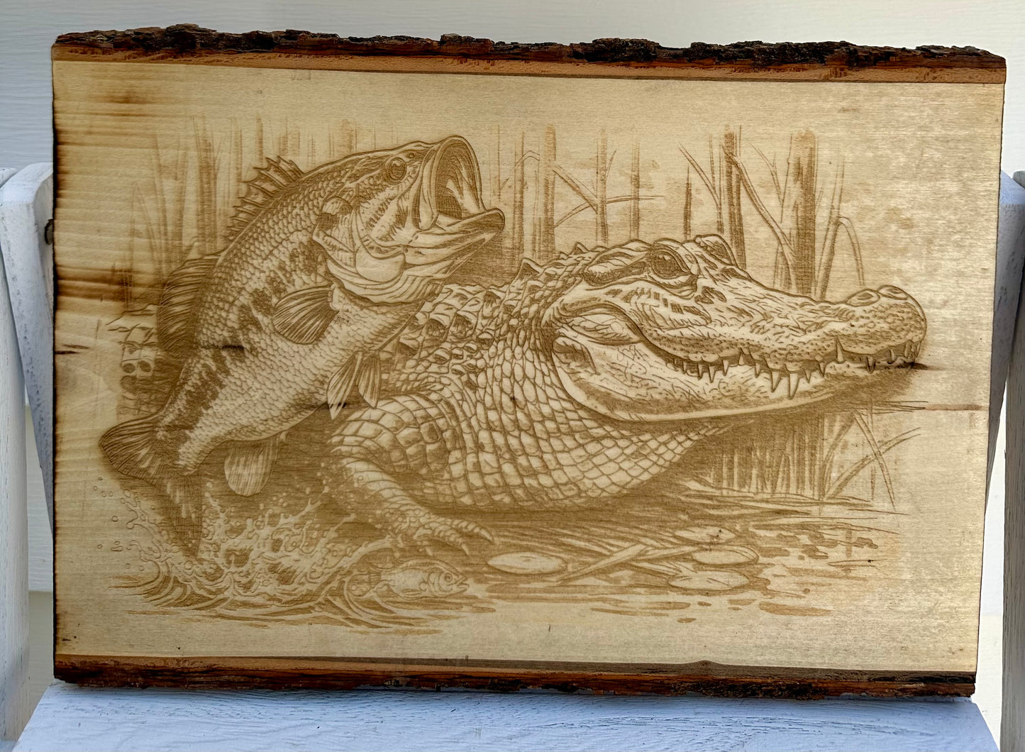 Alligator and Bass Live Edge Rectangular Plaque