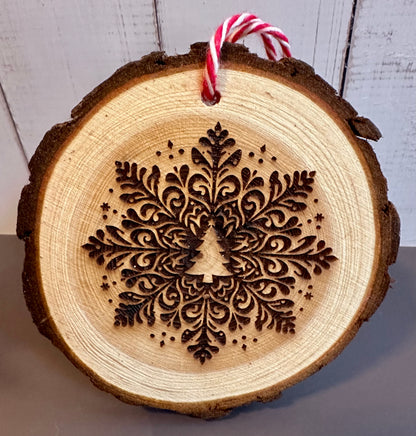 Engraved Live Edge Wooden Round Ornament - Ornate Snowflake with Tree in Middle