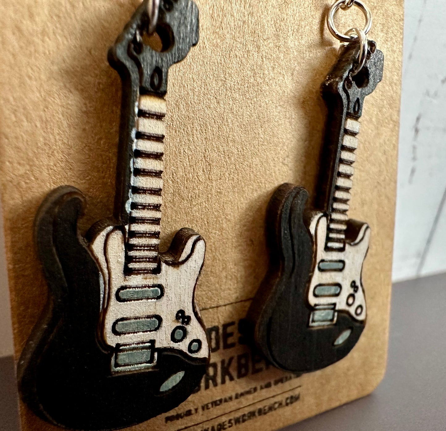 Wooden Engraved Dangle Earrings - Electric Guitar