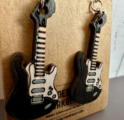 Wooden Engraved Dangle Earrings - Electric Guitar