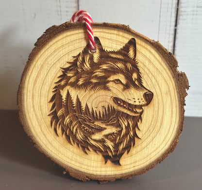 Engraved Live Edge Wooden Round Ornament - Wolf with Inner Wilderness Scene