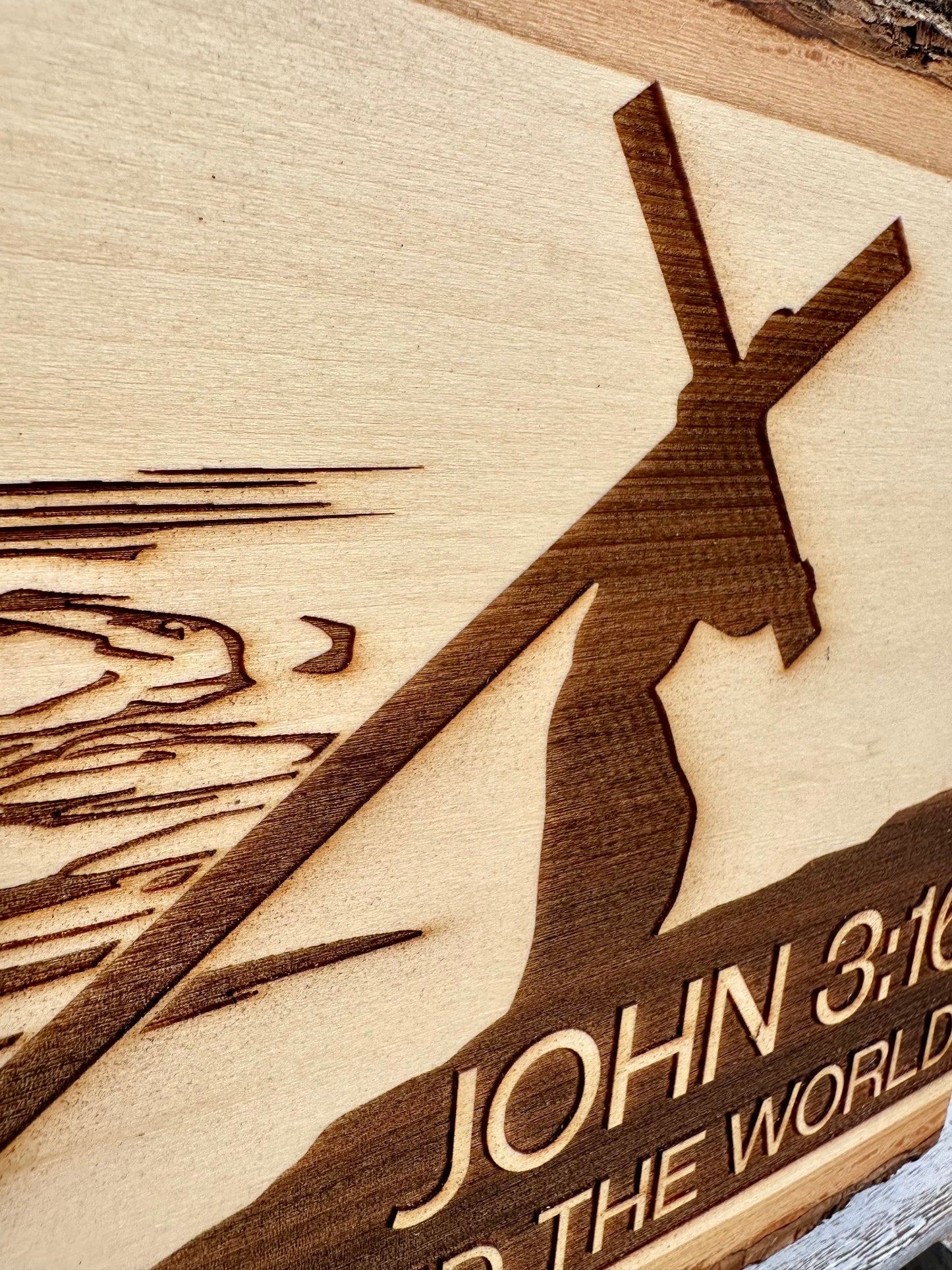 For God So Loved the World, Jesus with Cross Live Edge Rectangular Plaque