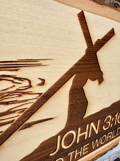 For God So Loved the World, Jesus with Cross Live Edge Rectangular Plaque