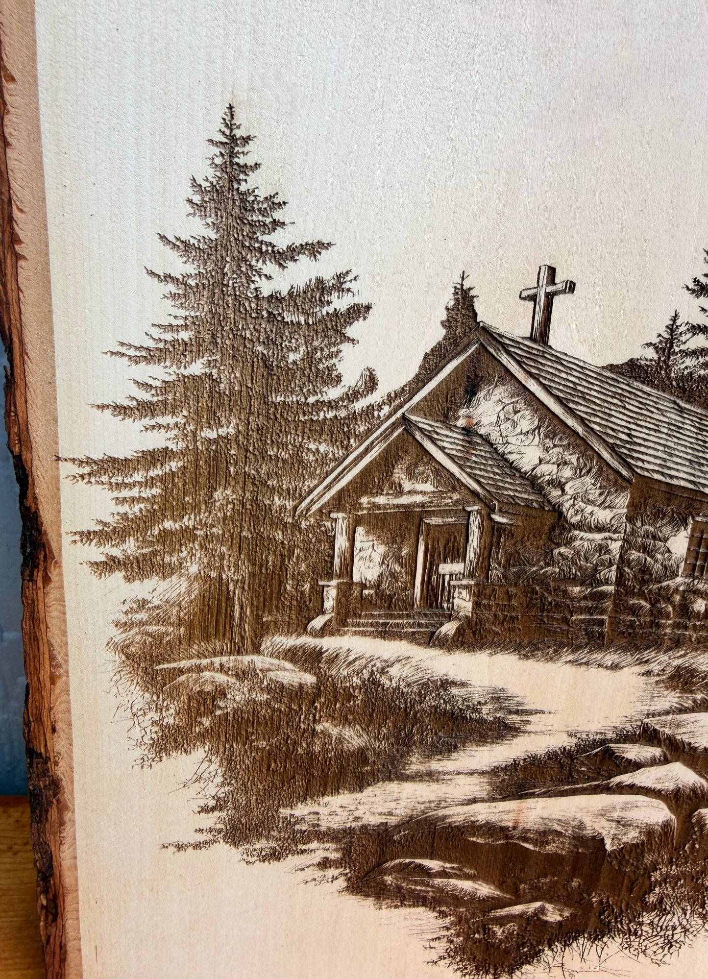 Plaque Live Edge Rectangular - Wooded Church with Path