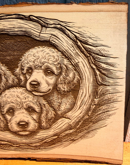 Plaque Live Edge Rectangular - Three Puppies in Tree