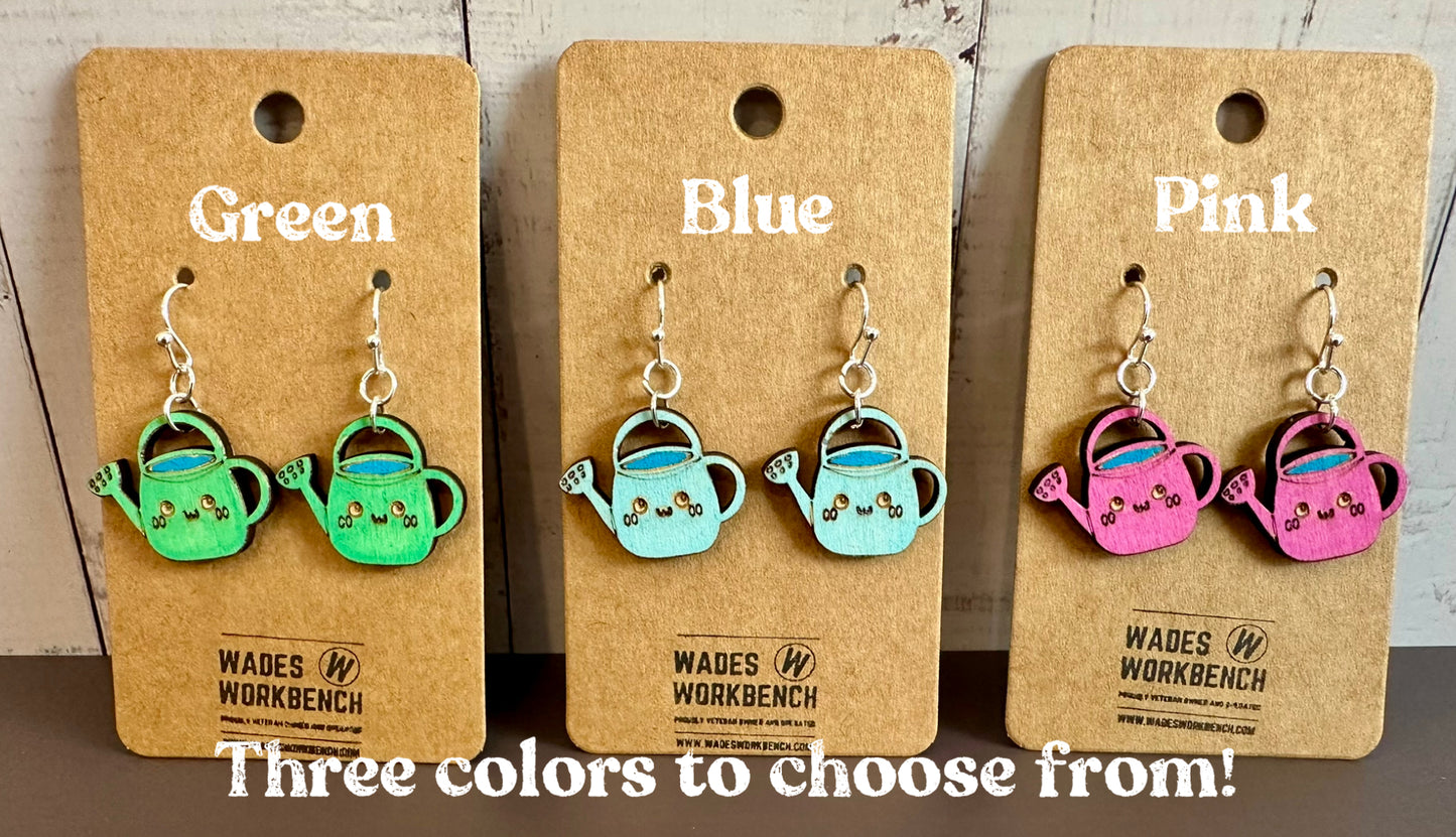 Wooden Engraved Dangle Earrings - Watering Can (One Pair)
