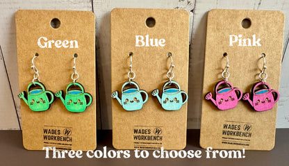 Wooden Engraved Dangle Earrings - Watering Can (One Pair)