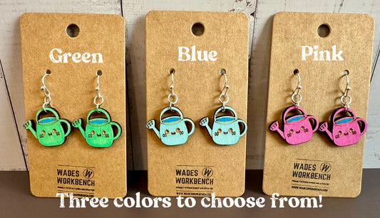 Wooden Engraved Dangle Earrings - Watering Can (One Pair)