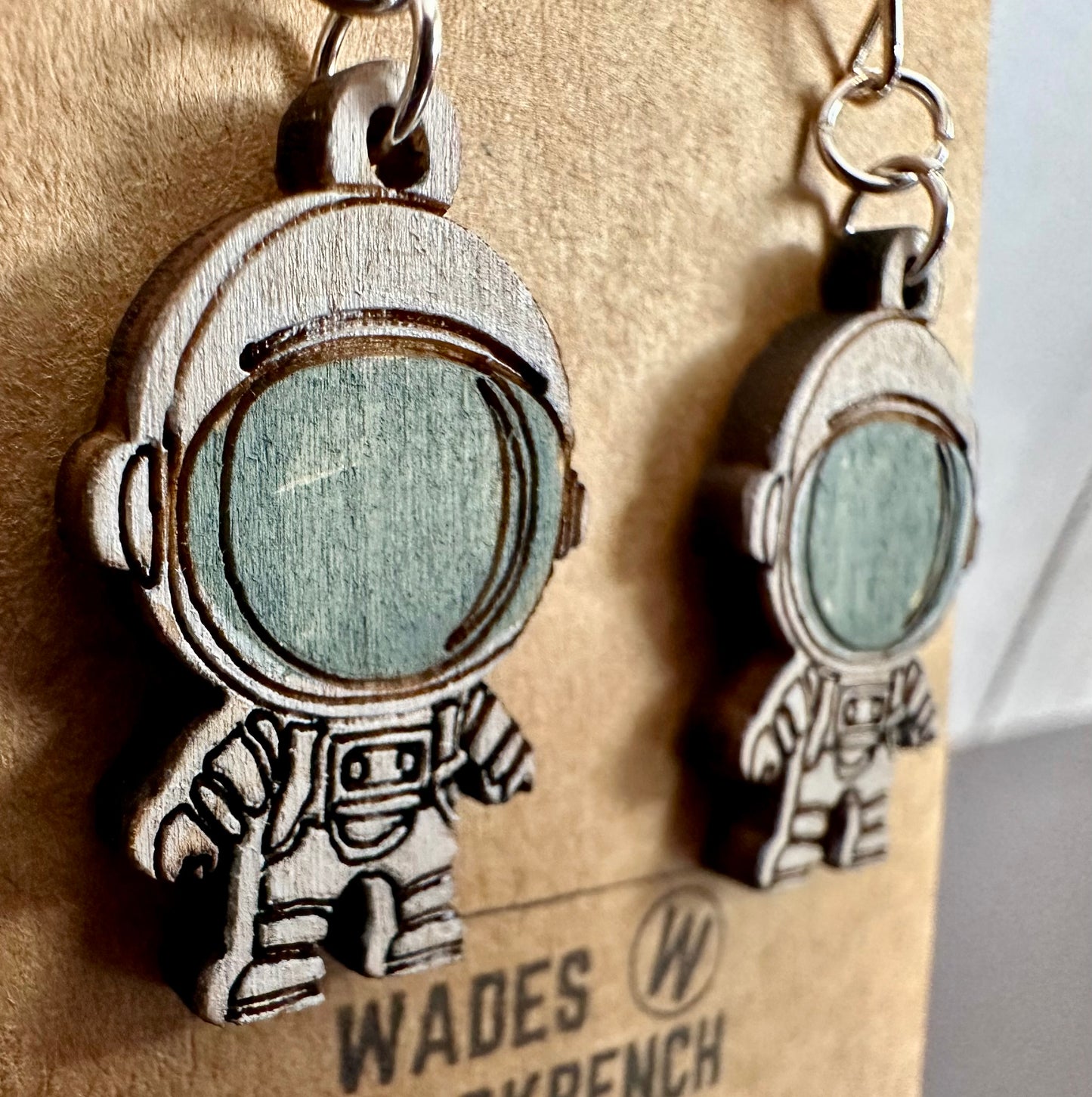 Wooden Engraved Dangle Earrings - Astronaut (One Pair)