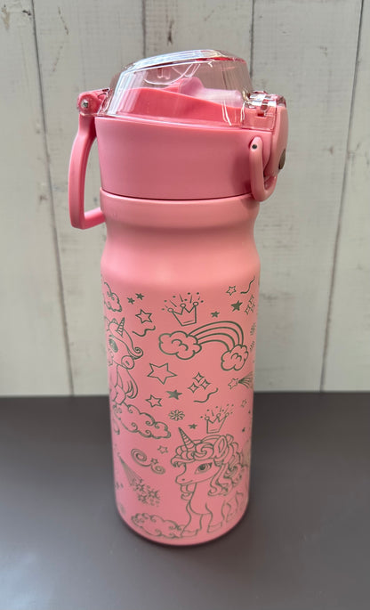 16oz. Insulated Water Bottle with Straw Lid and Built in Lid Handle - Pink with Unicorns
