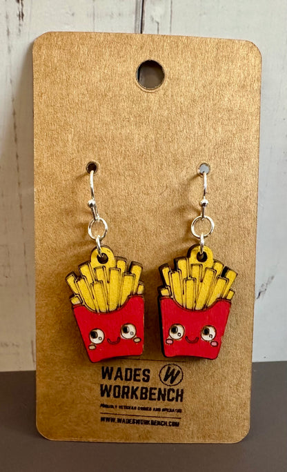 Wooden Engraved Dangle Earrings - Fries