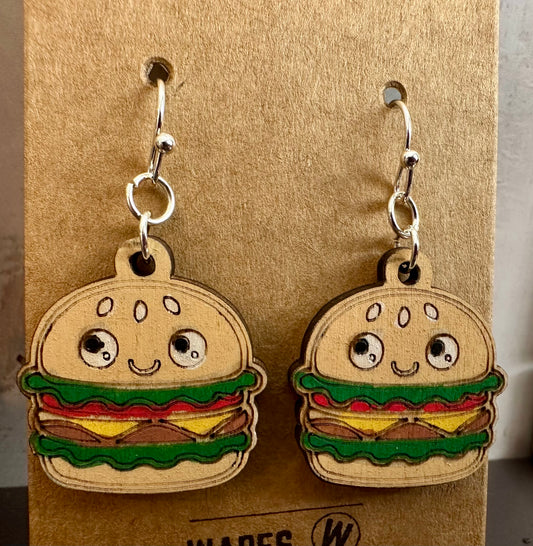 Wooden Engraved Dangle Earrings - Burger