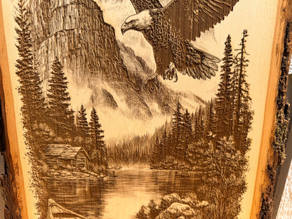Plaque Live Edge Rectangular - Eagle Above Cabin and Canoe
