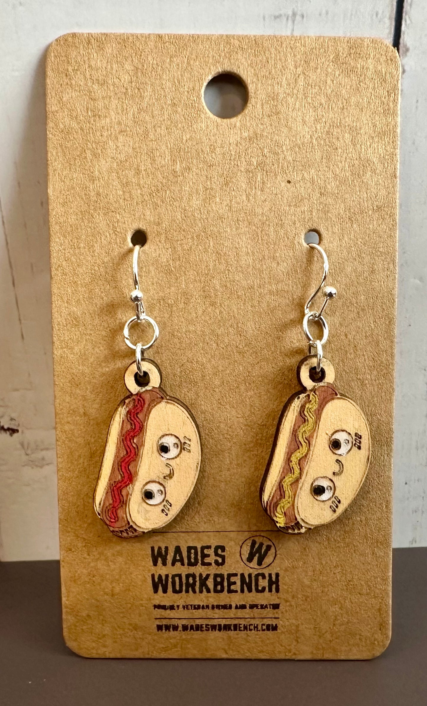 Wooden Engraved Dangle Earrings - Hot Dog