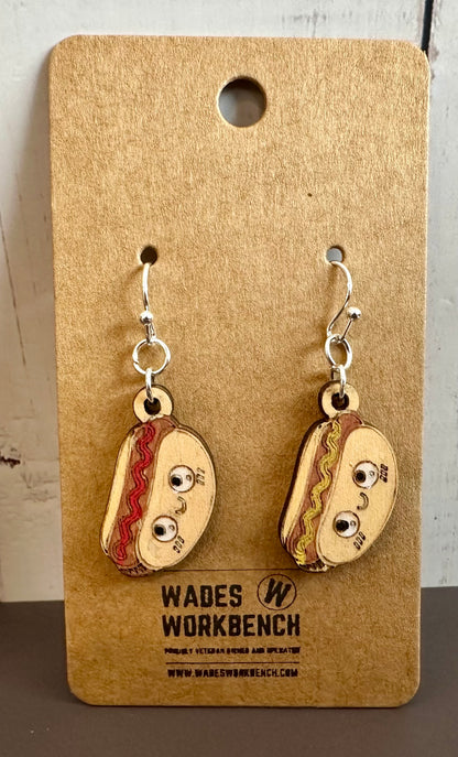 Wooden Engraved Dangle Earrings - Hot Dog