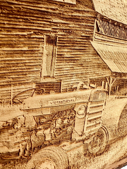 Barn with Quilt Square and Tractor Live Edge Rectangular Plaque