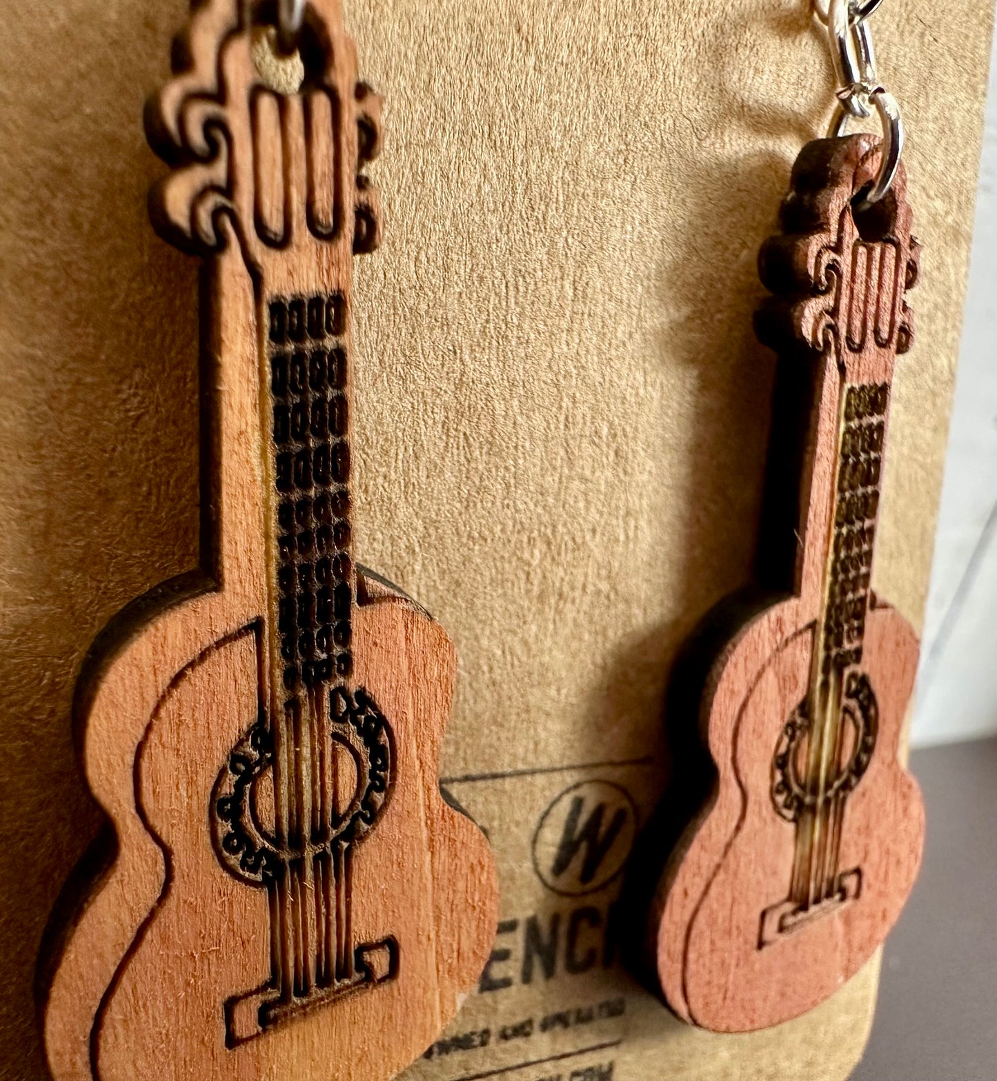 Wooden Engraved Dangle Earrings - Guitar