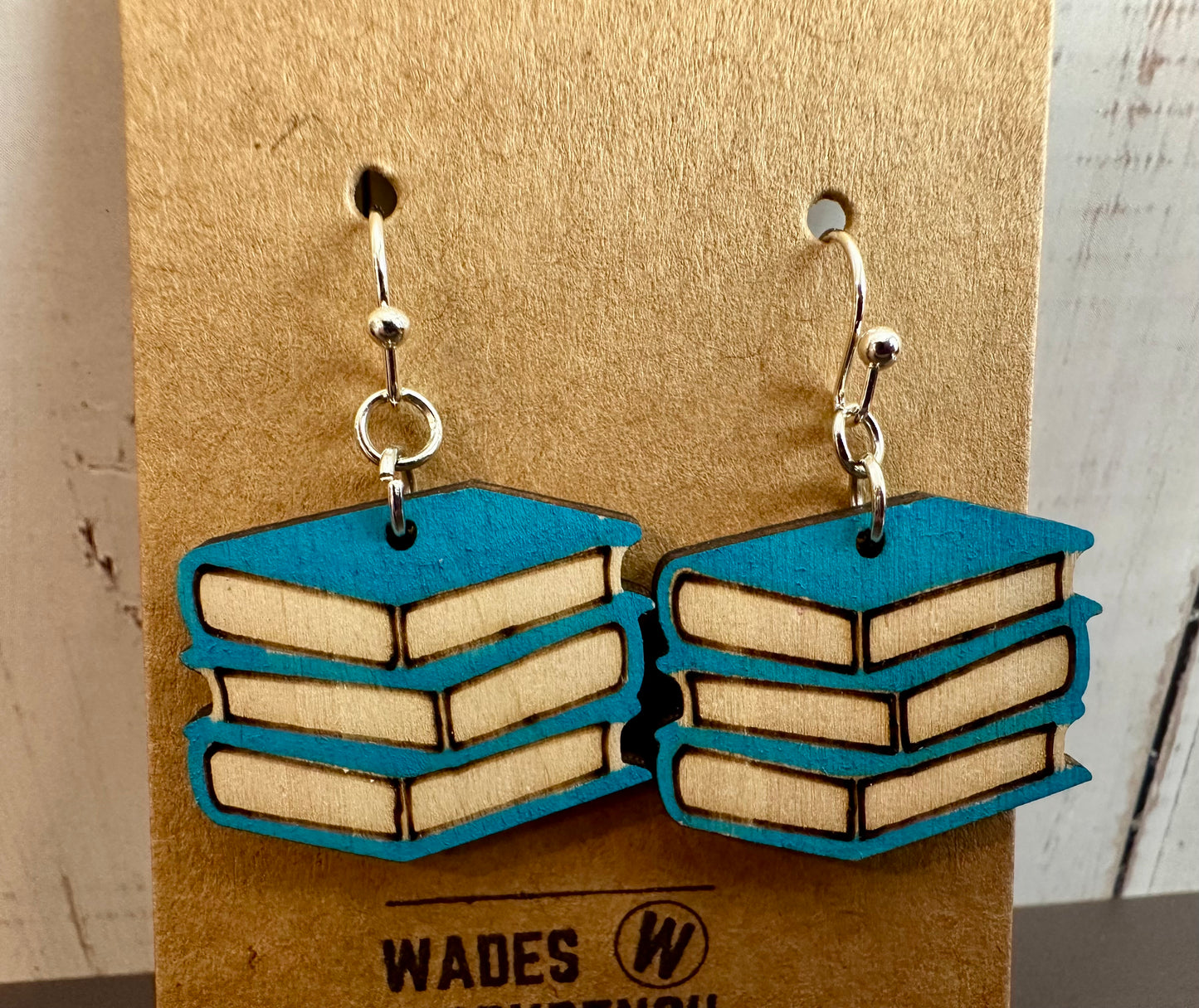 Wooden Engraved Dangle Earrings - Book Stack (One Pair)