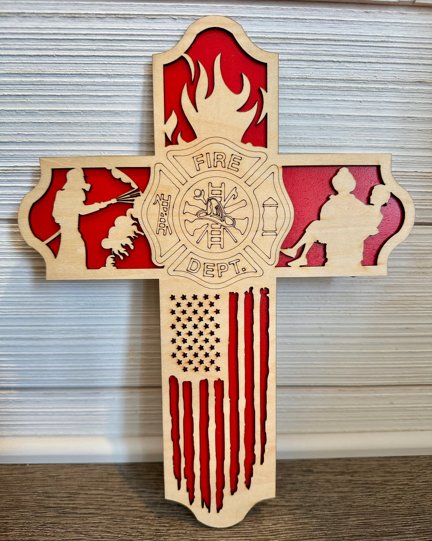 3D Layered and Engraved Wood Cross - Firefighter