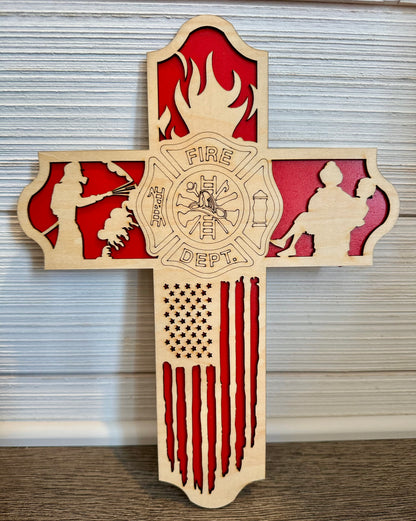 3D Layered and Engraved Wood Cross - Firefighter
