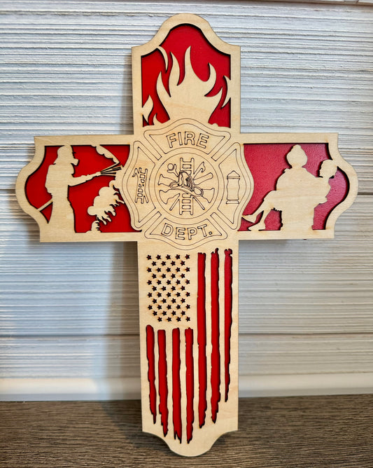 3D Layered and Engraved Wood Cross - Firefighter