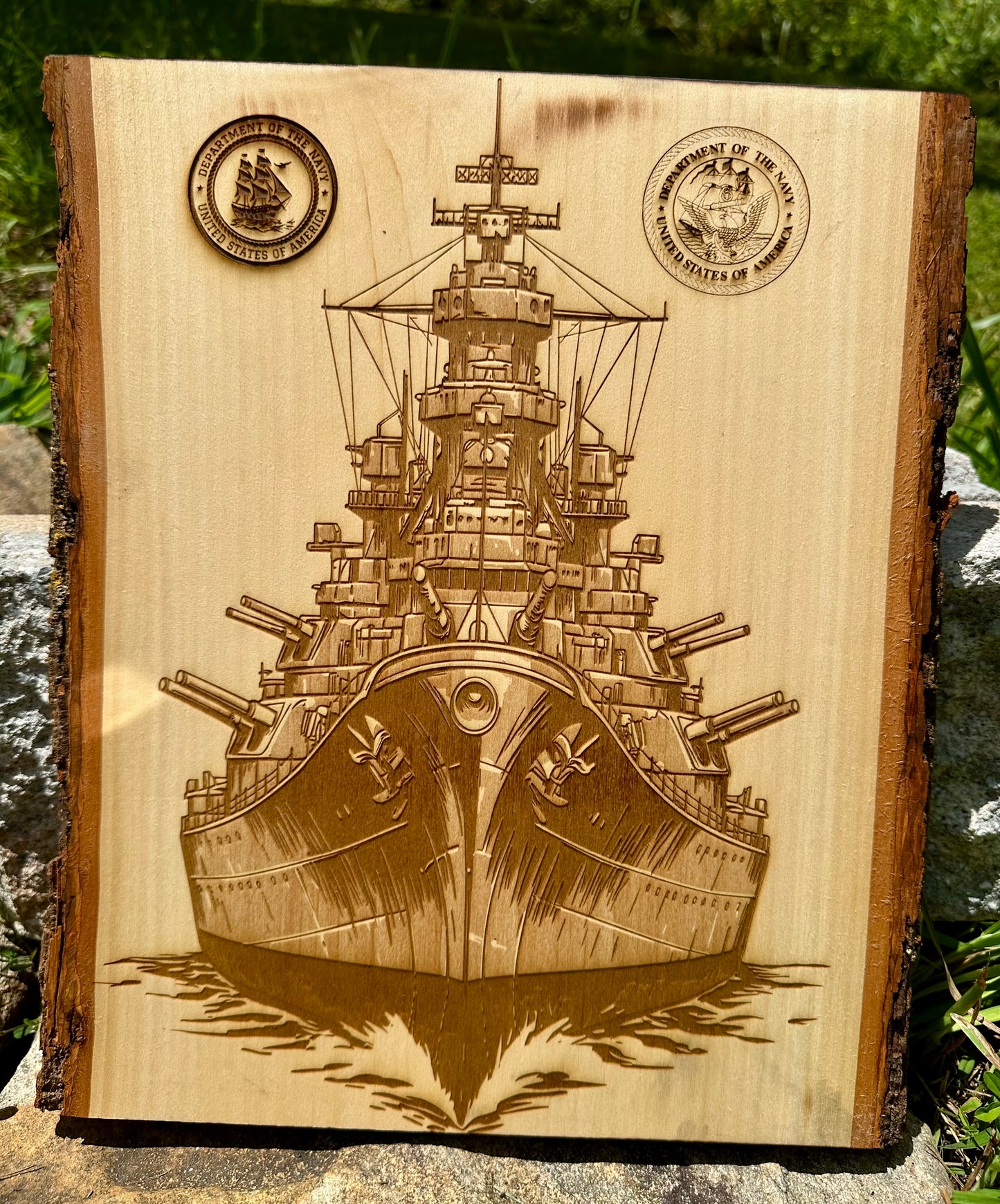 Military Dual Navy Seals with Naval Ship Live Edge Rectangular Plaque