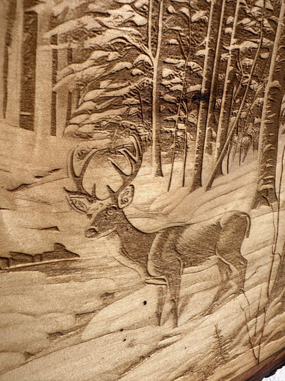 Deer in Snowy Forest Live Edge Rectangular Plaque