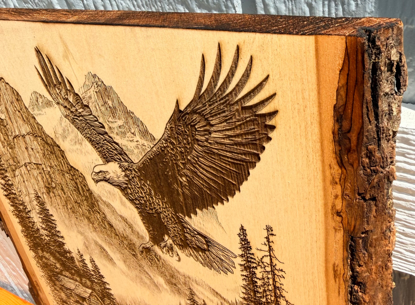 Plaque Live Edge Rectangular - Eagle Above Cabin and Canoe