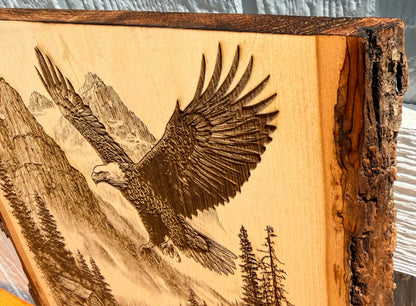 Plaque Live Edge Rectangular - Eagle Above Cabin and Canoe