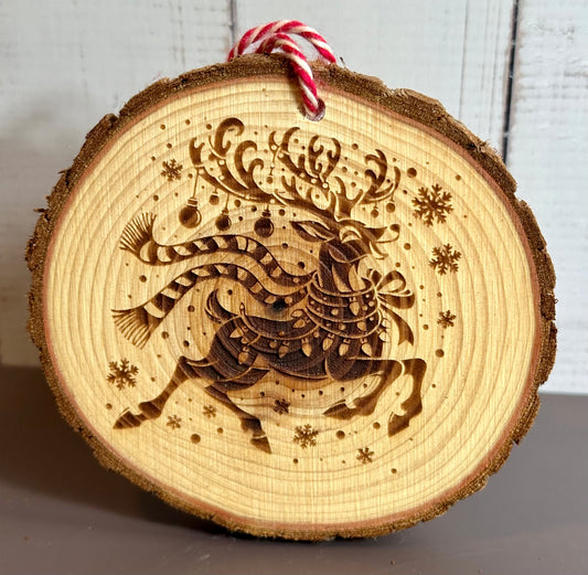 Engraved Live Edge Wooden Round Ornament - Joyous Reindeer with Snowflakes