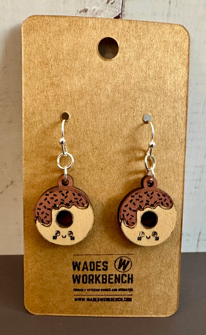 Wooden Engraved Dangle Earrings - Donut (One Pair)