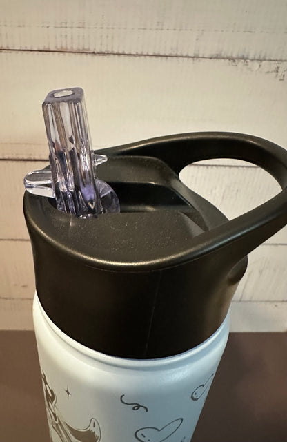 16oz. Insulated Water Bottle with Straw Lid - Light Blue, Highland Coo with Bow and Glasses