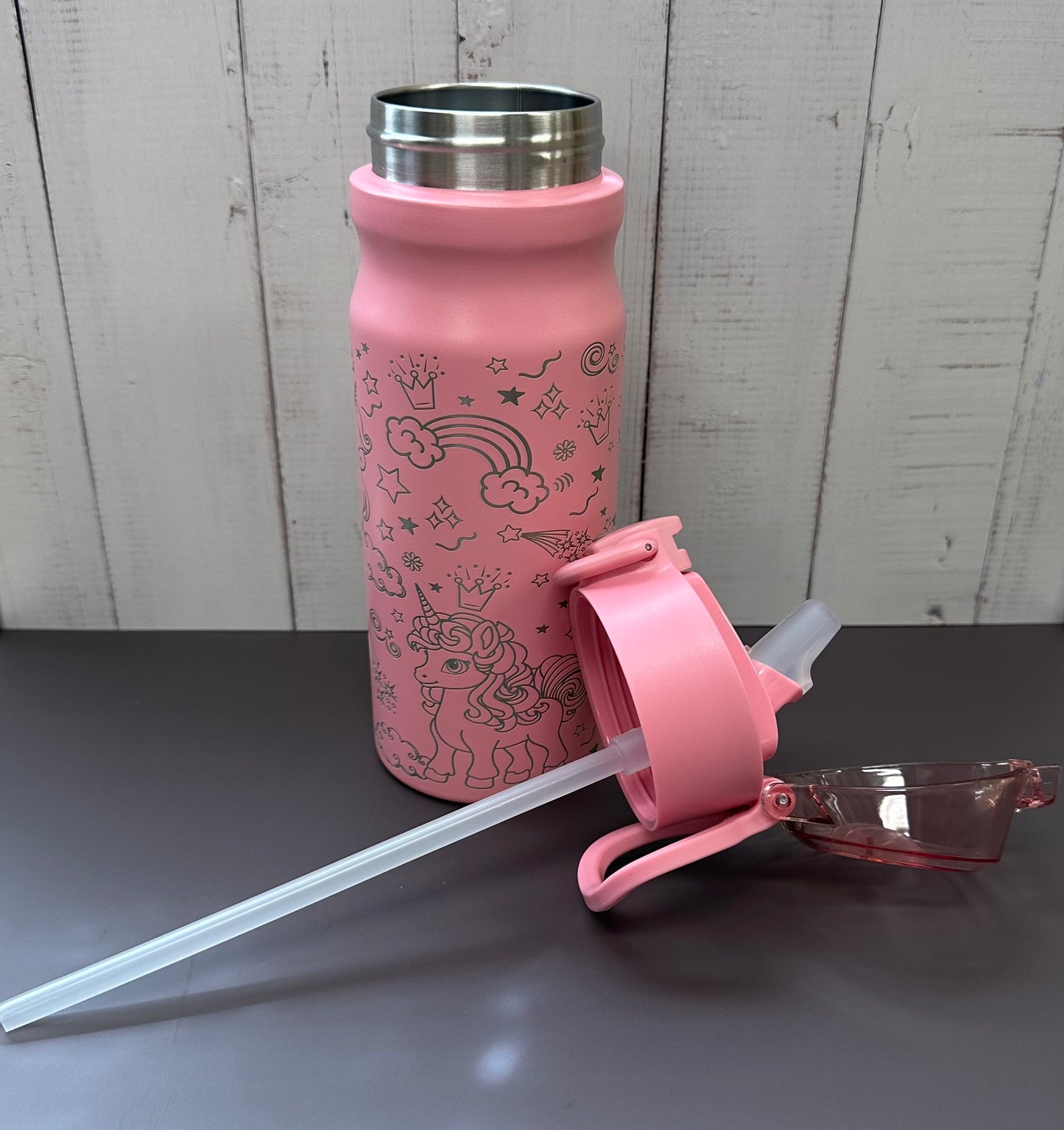 16oz. Insulated Water Bottle with Straw Lid and Built in Lid Handle - Pink with Unicorns
