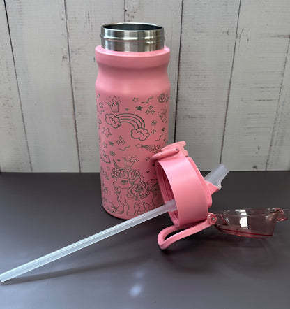 16oz. Insulated Water Bottle with Straw Lid and Built in Lid Handle - Pink with Unicorns