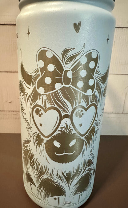 16oz. Insulated Water Bottle with Straw Lid - Light Blue, Highland Coo with Bow and Glasses