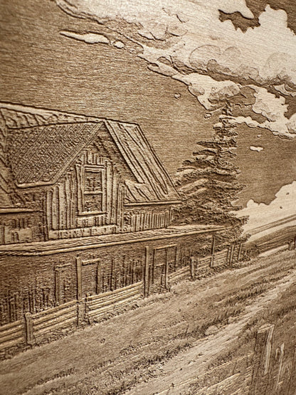 Farmhouse with Wooden Fence and Dirt Drive Live Edge Rectangular Plaque