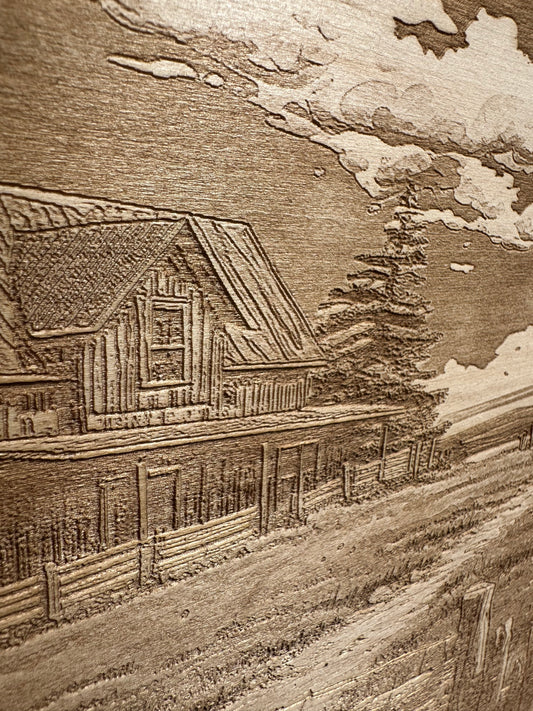 Farmhouse with Wooden Fence and Dirt Drive Live Edge Rectangular Plaque