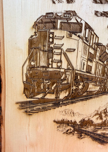 Plaque Live Edge Rectangular - Train 490 with Flag and Tracks