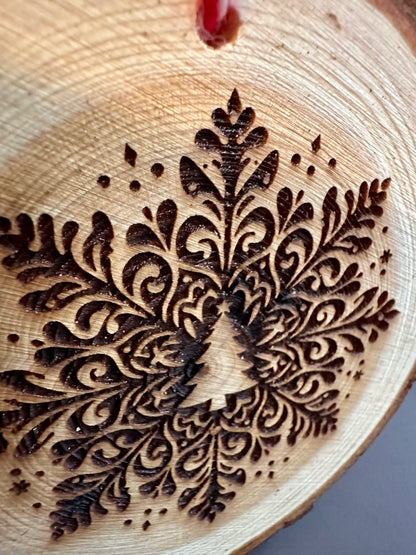 Engraved Live Edge Wooden Round Ornament - Ornate Snowflake with Tree in Middle