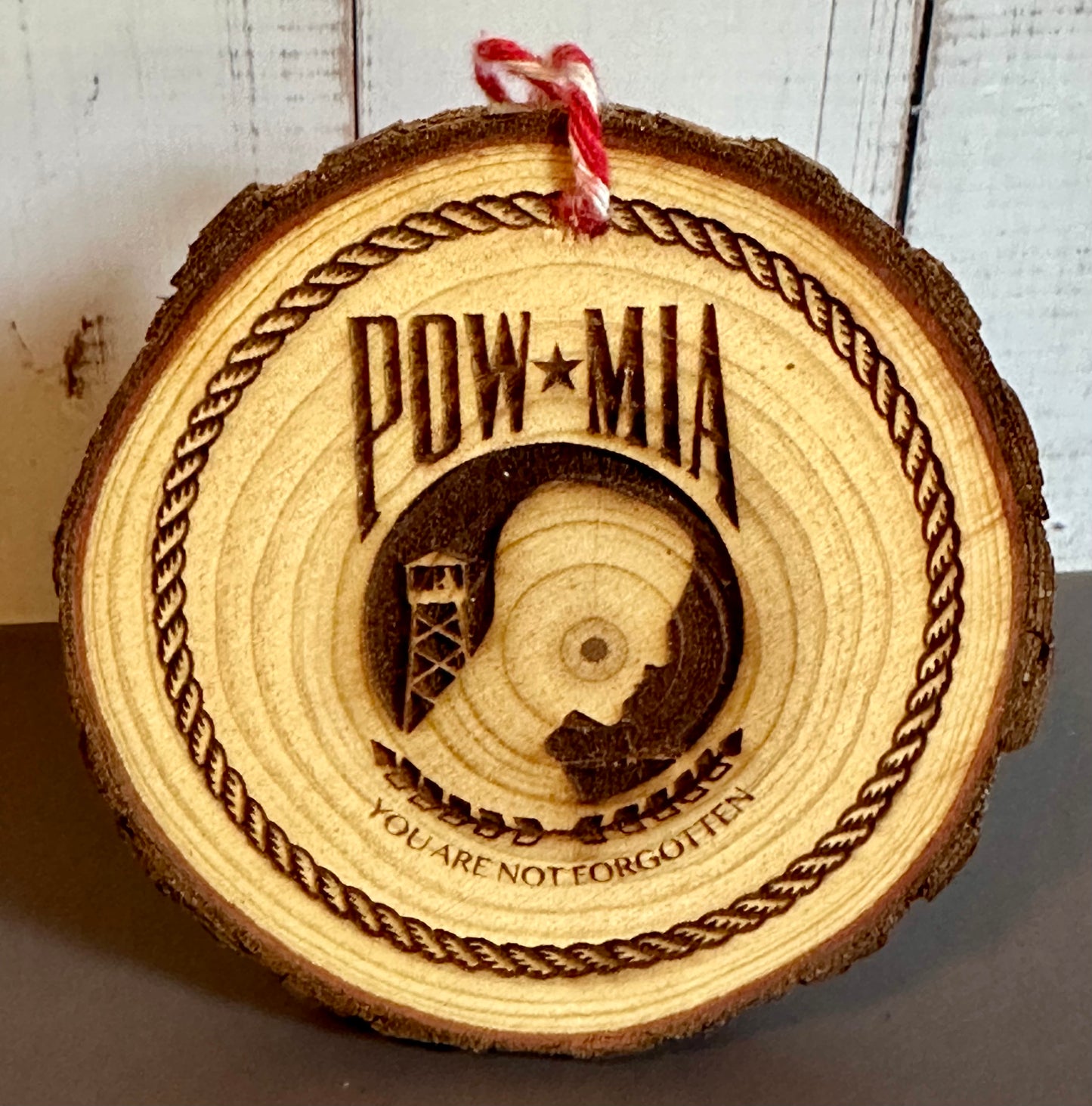 Engraved Live Edge Wooden Round Ornament - POW-MIA
