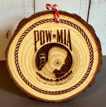 Engraved Live Edge Wooden Round Ornament - POW-MIA