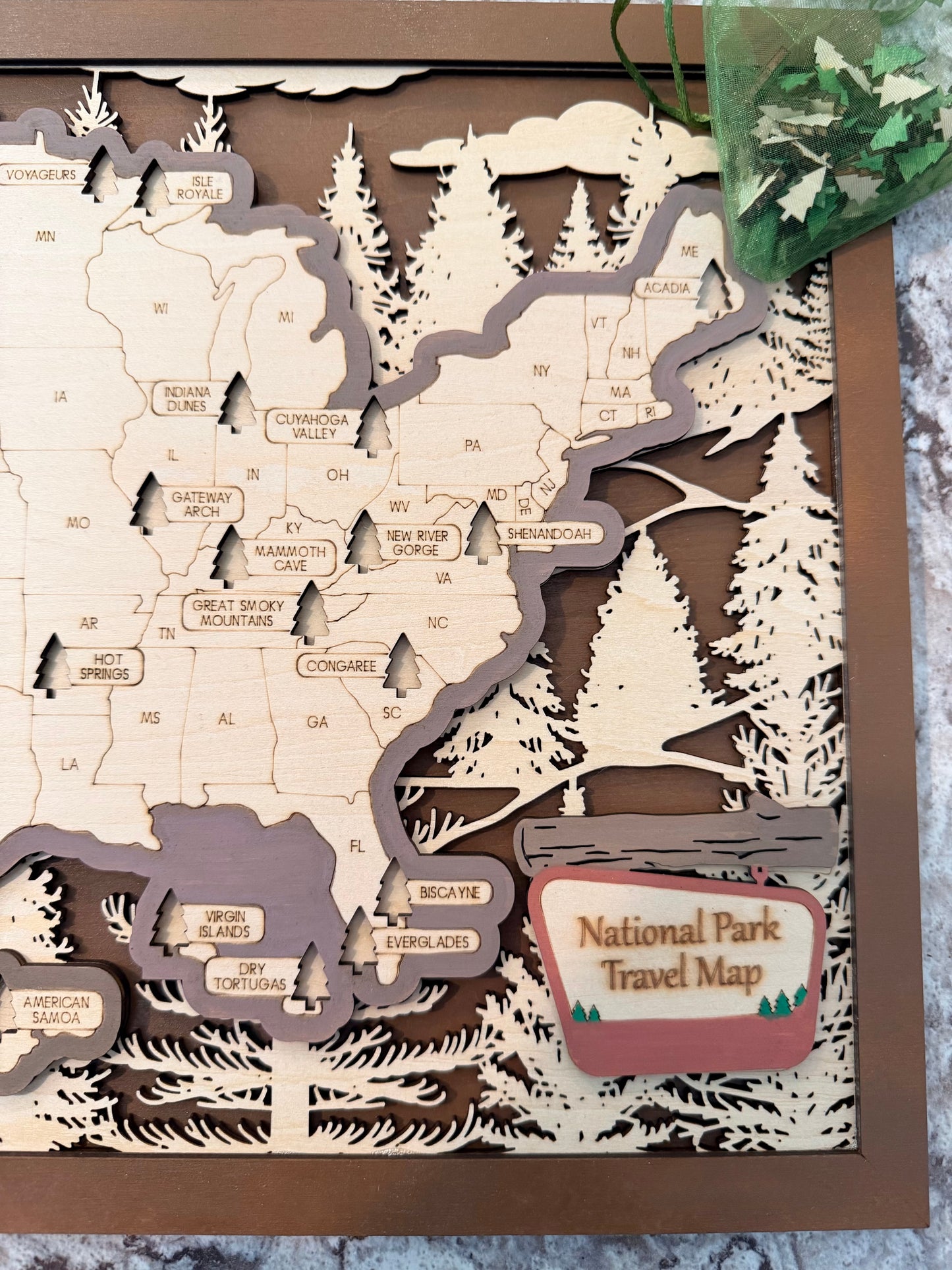 3D National Park Map Visit Tracker - Brown Tree Lines