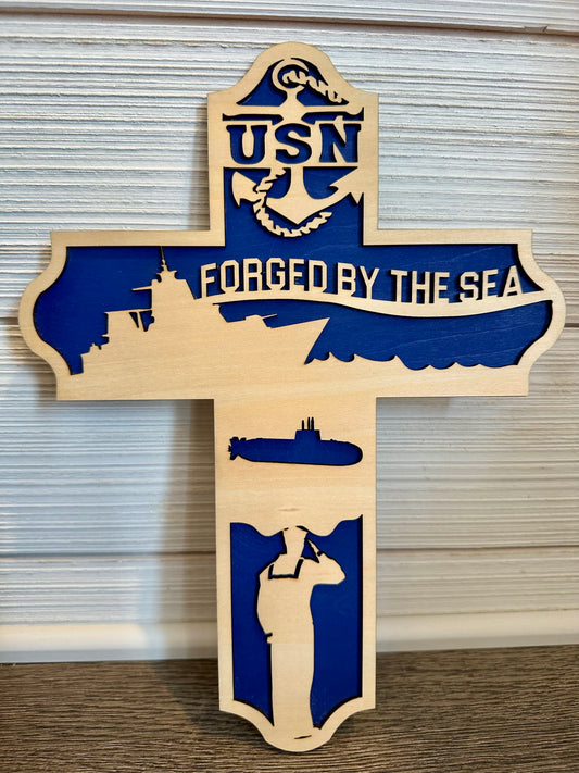 3D Layered and Engraved Wood Cross - Navy