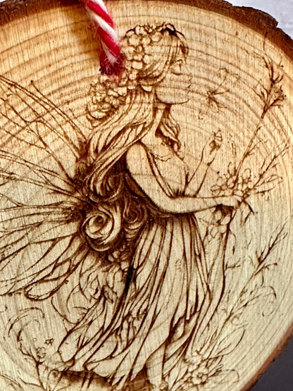 Engraved Live Edge Wooden Round Ornament - Woodland Fairy