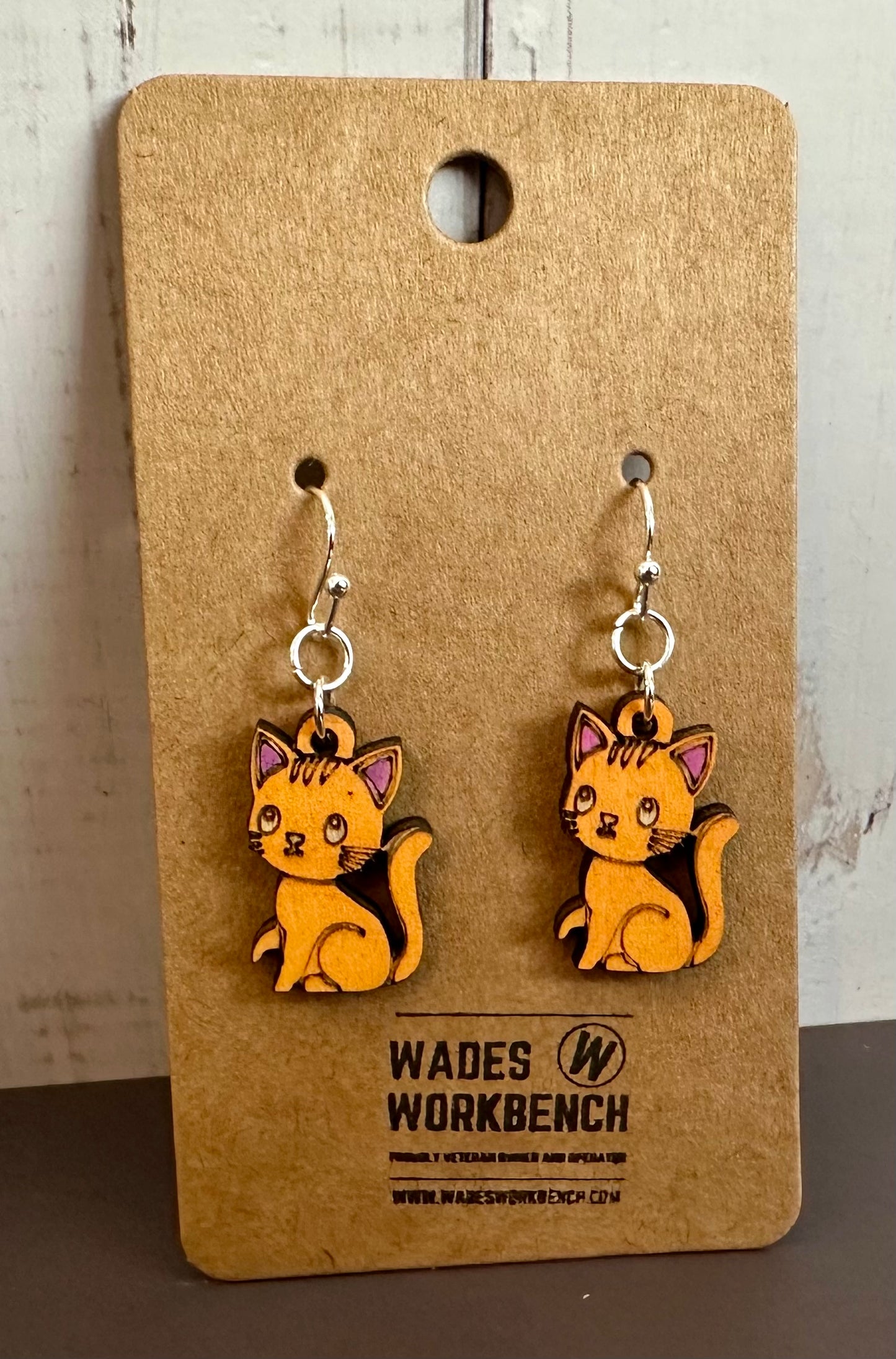 Wooden Engraved Dangle Earrings - Orange Cat