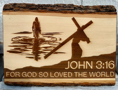 For God So Loved the World, Jesus with Cross Live Edge Rectangular Plaque